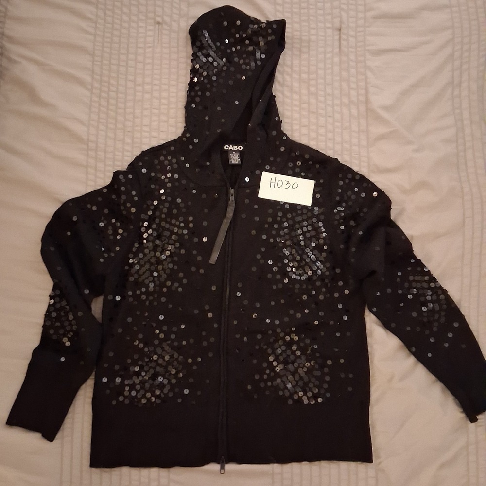 CABO Black Sequin Full Zip Hoodie Womens XL Sparkly Party Sweater Acrylic Y2K